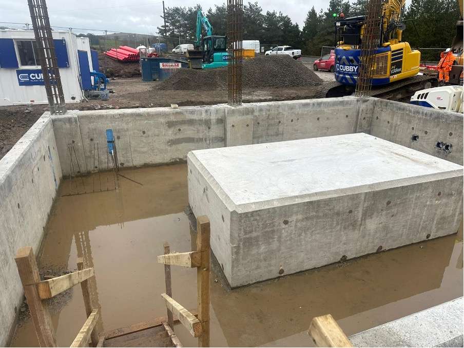Transformer base formwork struck ready to backfill around outside to erect scaffold to set formwork for blast wall columns